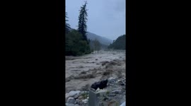 Torrential floodwaters destroy roads in Manali, Himachal Pradesh
