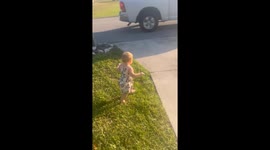 Dad's truck music inspires barefoot dancing as little girl waves goodbye sweetly