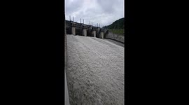 View of Himachal Pradesh, India: Panodh dam water discharge during monsoon