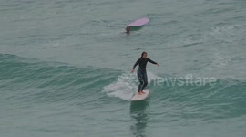 Boardmasters Womens Pro Surfing longboarders get ready at Great Western Beach, Cornwall, UK