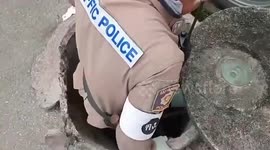 Kind traffic policeman jumps into manhole to rescue puppies that fell inside