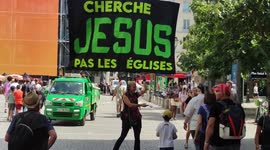 Pro Jesus but anti-Church action in Paris. In a context of harassment against christians, more and more actions to promote Jesus are visible in the streets of Paris, France. 11 aug 2024.