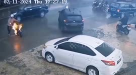 The motorbike rider was very shocked, the motorbike he was riding caught fire badly