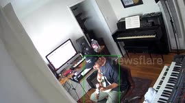 Musician takes cover under synth during earthquake in California