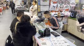 Pet pooch sits on owner's lap while playing game with customers