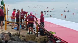 Hundreds attempt world record by swimming with huge flag to celebrate Indonesian independence