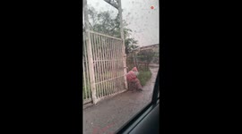 Kindhearted woman helps poor man with breakfast and umbrella during rainstorm