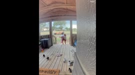 Child falls and laughs heartily on porch in Amarillo, Texas
