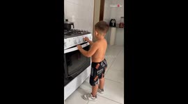 Little boy panics after dad's juicer blender prank in the kitchen