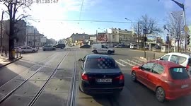 Romanian tram driver collides with BMW blocking tracks in Bucharest