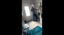 Drunken pensioner struggles with climbing stairs after a night out at the pub
