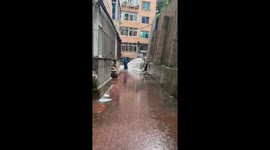 Heavy rain turns Chinese backstreet in raging waterfall