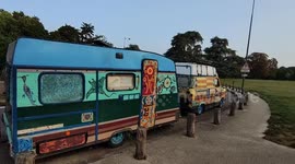 Hand-painted caravan. Paris suburb, Bois de Boulogne wood, Boulogne-Billancourt, France  22 aug 2024