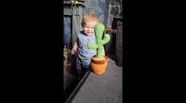 Adorable toddler humored by his new Cactus Toy imitating him repeatedly