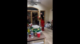 Man loses balance and spills drink after hug in New Jersey, USA