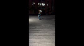 Little girl’s bicycle ride ends in a crash against wall on inclined path