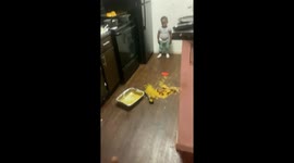 Dad spanks his own leg, but the little boy thinks he got hit