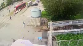 Two narrowly escape death as car crashes into staircase at breakneck speed
