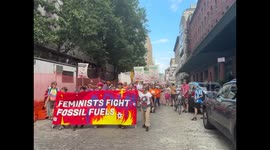 USA: Feminists have taken over Vestry Street in Lower Manhattan to tell Citi CEO Jane Fraser that funding fossil fuels kills women and girls