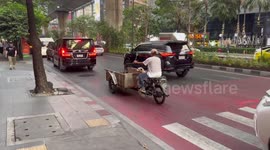 Pet dog sits in motorcycle trailer to join owner for a ride