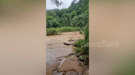 Scared baby elephant cries to make mum return as she crosses surging river