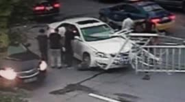 Narrow escape for driver as fence pole impales windscreen