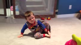 Toddler and cat wrestle
