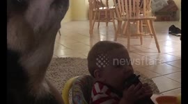 Baby and pup singing a duet