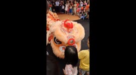 Kids cuddle Barongsai (lion dance) at opening ceremony of hypermarket in Malacca Malaysia