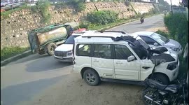 Truck flies off motorway and lands on tanker travelling below