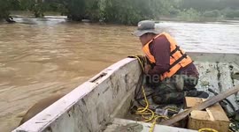 Rescue team carry cow to safety through floods in Thailand