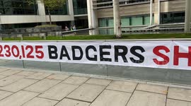 Activist Betty the Badger hands in a petition calling for an end to the badger cull at Defra in London