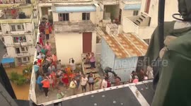 Indian Air force flood relief measures, food packages, drinking water and other essential items are being supplied to victims through helicopters in the flood-affected areas of Vijayawada, Andhra Pradesh