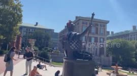 Columbia University Alma Mater statue vandalized with red paint in Pro-Gaza protest
