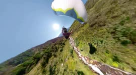 Nail-biting footage of paraglider skimming treetops during high-speed descent of mountain
