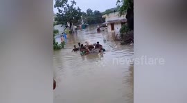 Neighbours lift dog on a bench through chest-deep floods in India