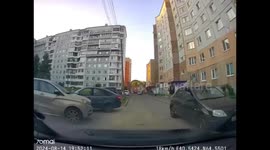 Boy crosses himself after near-car collision in Arkhangelsk