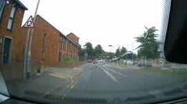 Pedestrian running after van  and closes door of moving van dash cam