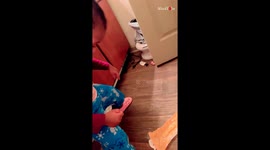 Comical moment of super observant toddler attempting to wear a pad just like mom