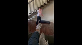 Little boy accidentally hits mom’s camera while playing with his new hover ball