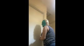 Mom walks out of the room, only to be scared by her daughter's prank