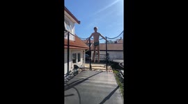 From fun to funny: Boy's trampoline adventure takes a turn when it suddenly collapses