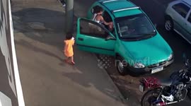 Miracle moment mother and daughter escape being hit by car thanks to street pole