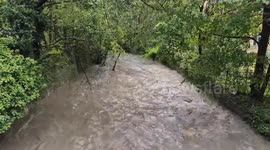 Mödlingbach brook nears overflow after heavy rain in Mödling, Austria