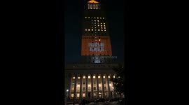 Anti-Trump protesters project a slideshow on the Thurgood Marshall United States Courthouse in Manhattan's Civic Center's Foley Square