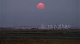 Spectacular full Harvest Supermoon rising over Sheppey Crossing in Kent, UK