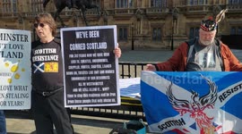 Speaker Sean Clerkin at the Scottish resistance at the 10th anniversary of the most biased referendum protest at Westminster in London, UK