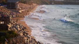 Flood threat from Highest tides of the year, fistral Bay, cornwall, UK
