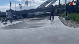 Boy's attempt to drop in on a skateboard results in a fall
