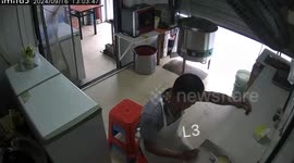 Lucky escape for fast food dumpling seller after the ceiling collapses during typhoon